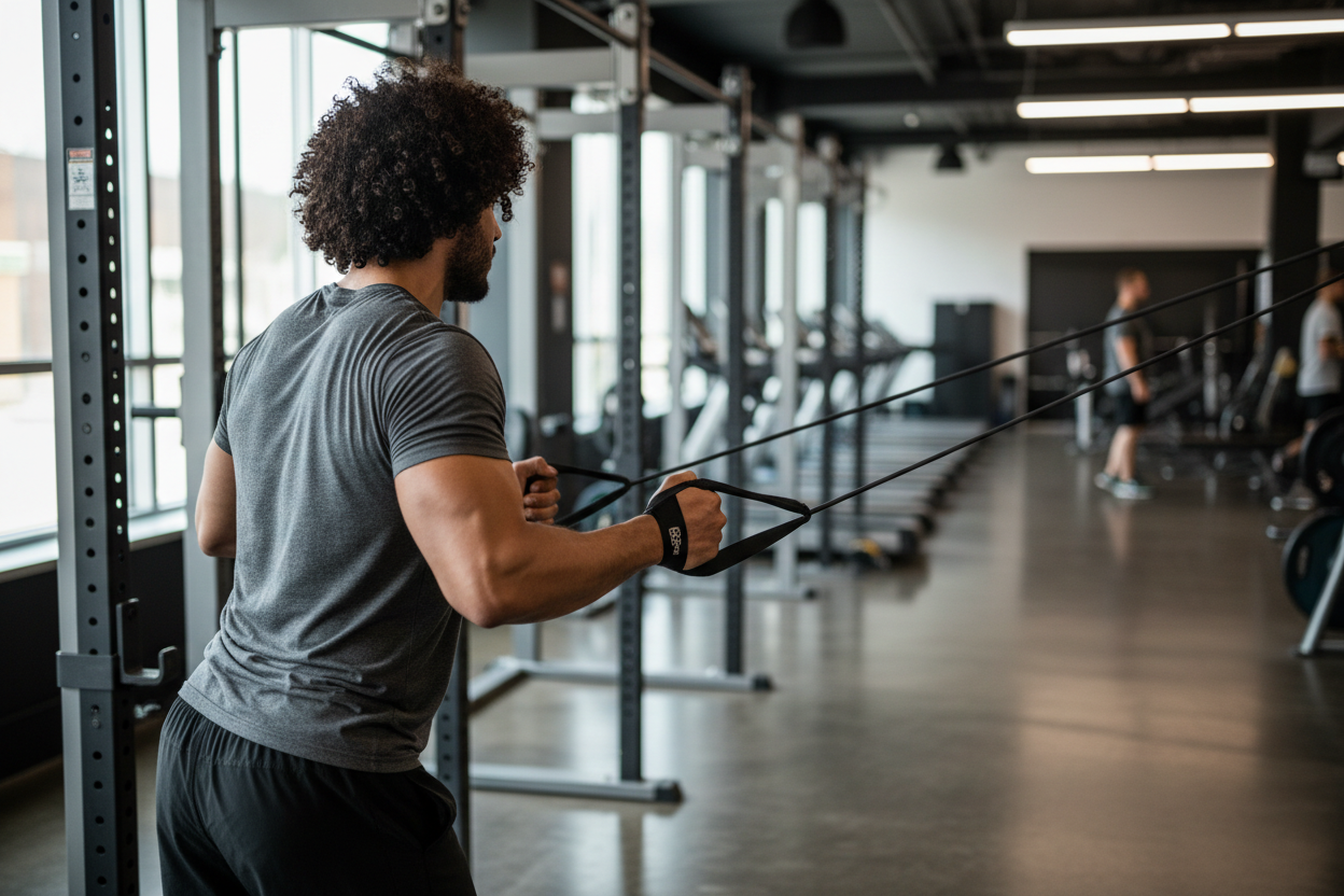 mec avec des cheveux boucles sans montrer sans vissage qui fait du gym avec lastique 